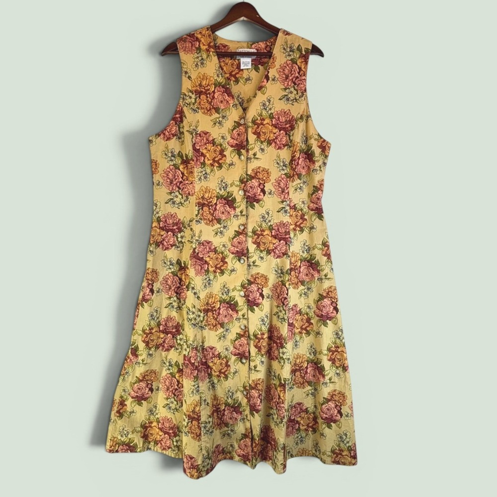 Vintage Roses Button Down Dress M/L 100% Cotton Sleeveless Shift Romantic Midi